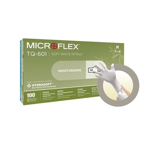 MICROFLEX Soft White Nitrile TQ-601 Box Front 3D - Box with Glove